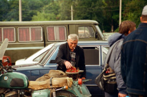 Ukrainian selling cherries at Zabolotiv Market, Ukraine
