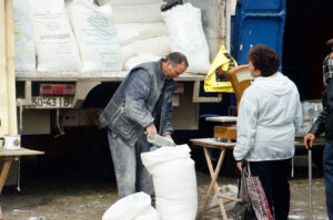 Selling flour at Zabolotiv Market, Ukraine