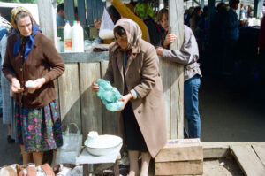 Farmer&#039;s wifes selling curd cheese at Zabolotiv Market, Ukraine