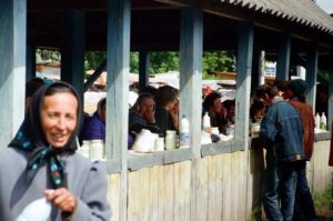 Farmer&#039;s wifes selling dairy products at Zabolotiv Market, Ukraine