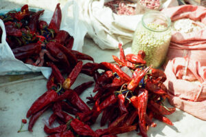 Close-up of red peppers at Zabolotiv Market, Ukraine