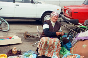 Expert gardener selling vegetables at Zabolotiv Market, Ukraine