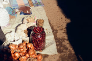 Home-grown pulses and onions at Kosiv Market - Ukraine
