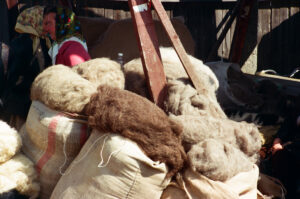 Bags with combed wool at Kosiv Market - Ukraine