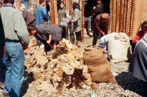 Selling sheepskins at Kosiv Market - Ukraine