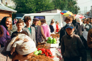 Farmers selling fine-cut tobacco at Zabolotiv Market, Ukraine