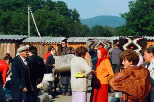 Selling Hutsul wool rags at Kosiv Market - Ukraine