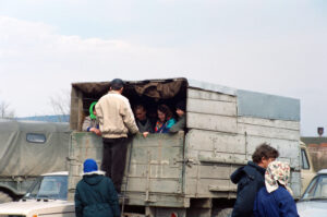 Group going home by truck from Kosiv Markekt - Ukraine