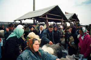 Merchants selling combed sheep wool at Kosiv Market - Ukraine