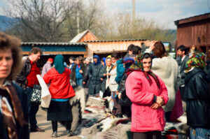 Buyers and sellers of Hutsul wool rags at Kosiv Market - Ukraine